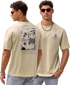 Camiseta de Manga Corta Beige para Hombre con Estampado de Palmeras, Diseño Gráfico de California, Cuello Redondo Informal, Corte Regular, Jersey de Algodón Transpirable - Product Image 1