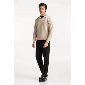 <b>Beige</b> Knitted Pullover Sweater Full Sleeve Solid Color Autumn Wear Regular Fit Single Button Closure - Product Image 1