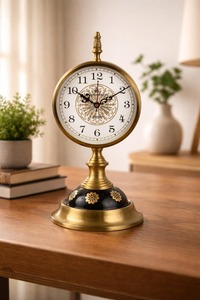 Traditional Metal Desk <b>Clock</b> Circular Silent Jumping Movement Quartz Hourly Chiming Needle Display <b>White</b> Ceramic Base Gold - Product Image 6