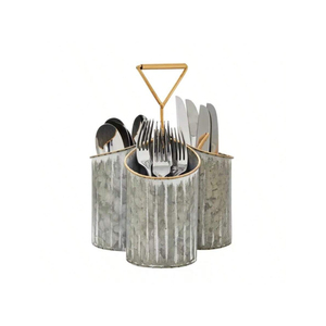 Organizador de utensilios de metal galvanizado estilo rústico con asa de madera y dos recipientes para exhibir en la encimera de la cocina - Product Image 6