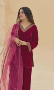 SADIA AUN HUTE COUTURE Women's Velvet Cotton Salwar Kameez Set <b>Maroon</b> Pink Dupatta Casual India Pakistan Style Regular Fit - Product Image 1