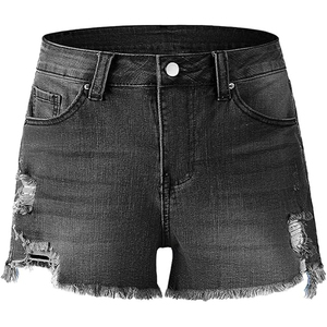 Shorts de mezclilla rasgados de cintura alta para mujer, ecológicos, de secado rápido, grises, elásticos, desgastados, con dobladillo enrollado, estilo vintage, con bolsillos - Product Image 2