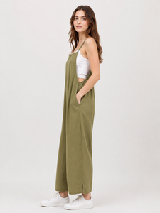 Wholesale Olive Green SOLID Dungaree <b>Jumpsuit</b> Square Neck Sleeveless Adjustable Straps Casual Women's Wear <b>Pockets</b> <b>Wide</b> <b>Leg</b> - Product Image 1