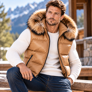 <b>Men's</b> Autumn Breathable Leather Puffer <b>Vest</b> with Fox Fur Hood | Herren Autumn Lederweste Mit Fuchspelzkapuze - Product Image 3