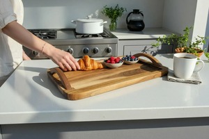 Plateau de rangement en acacia, design moderne et luxueux, finition polie, à un seul niveau, pour la cuisine, multifonctionnel, passe au lave-vaisselle - Product Image 2