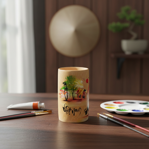 Taza Cilíndrica de Bambú Natural – Diseño Campestre Pintado a Mano Único, Clásico, Tradicional, Arte Folclórico - Product Image 4
