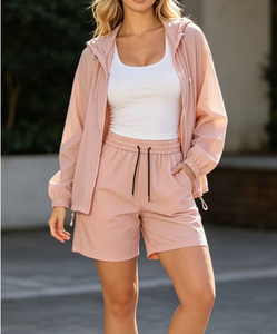 Ensemble 2 pièces pour femmes, à capuche, manches longues, couleur unie, polyester respirant, tricoté, coupe ample, longueur genou, tenue décontractée d'été - Product Image 1