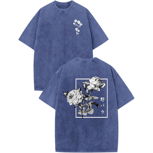T-shirt noir surdimensionné pour homme avec imprimé rose blanc sur le devant et le dos, design floral, style streetwear, manches courtes, col rond - Product Image 5