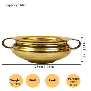 Decorative brass urli bowl with handles for flower arrangement water display <b>tabletop</b> home decor pooja festive gifting item - Product Image 4