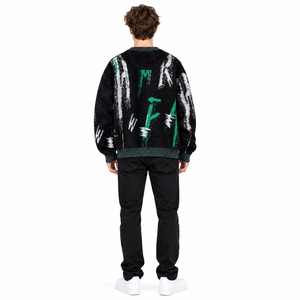 Sudadera de punto extragrande para hombre con estampado gráfico de grafiti negro, cuello redondo, estampado abstracto verde y blanco, estilo urbano, venta al por mayor - Product Image 3