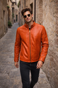 Veste en cuir véritable pour homme, orange, effet croco, col montant, fermeture éclair sur le devant, coupe ajustée, style automne - Product Image 4