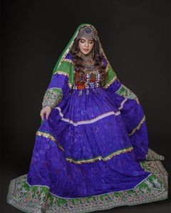 Afghani <b>Dress</b> Women Traditional Embroidered Purple Green Floor Length Ball Gown Choker Neck Full Sleeve Elegant <b>Formal</b> Wear - Product Image 3