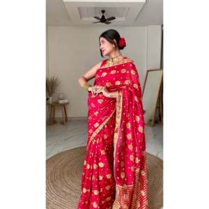 Nouveau lancement de sari indien pour femmes adultes, style traditionnel, sari en soie rouge pour les occasions de mariage - Product Image 1