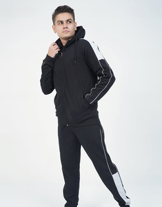 Chándal negro con capucha para hombre, manga larga, cremallera frontal, color sólido, ropa informal con bolsillos laterales, estilo otoñal, corte regular - Product Image 2