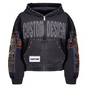 <b>mens</b> designer french terry cotton hooded zip up sweatshirt patchwork pattern heavy <b>fleece</b> <b>jacket</b> outerwear activewear custom log - Product Image 4