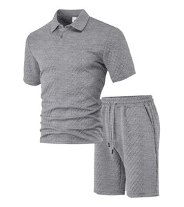 Ensemble polo et short pour homme, bleu clair, couleur unie, tricoté, respirant, décontracté, pour l'été - Product Image 3