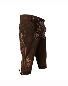 Lederhosen traditionnels pour hommes, en laine marron, taille haute, motif floral brodé, longueur capri, fermeture boutonnée, style Trachten - Product Image 3