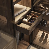 Lemari Pakaian Walk-in Kustom Modern Berbahan Kaca dengan Veneer Walnut, Dilengkapi Penyimpanan di Pulau Tengah dan Zona Gantungan untuk Perencanaan Tata Letak Kustom