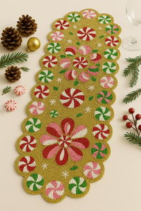 Chemin de table brodé de perles d'inspiration ethnique avec de riches détails colorés, chemin de table moderne et élégant avec bordure ornée de perles brillantes - Product Image 6