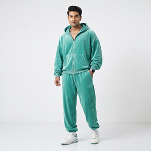 Survêtement en velours pour homme, coupe ample, avec cordon de serrage, décontracté, 100 % coton molletonné épais, hiver, design 2-en-1, pantalon de jogging pleine longueur - Product Image 1