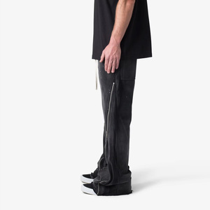 Pantalon de survêtement en velours côtelé noir pour homme, taille élastique avec cordon de serrage, poches latérales, fermeture éclair, coupe évasée, décontracté, effet usé, jambe ouverte - Product Image 4