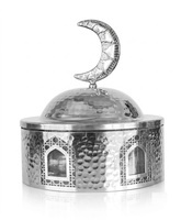 Boîte à dattes en forme de mosquée, bol à bonbons doré en forme de dôme avec plateau de service en métal martelé en forme de croissant de lune, centre de table islamique pour le Ramadan