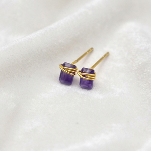 Ratnarachit Handmade Wire-Wrapped Amethyst <b>Stud</b> <b>Earrings</b> 14K Gold Plated Brass Baguette Cut Minimalist Gift - Product Image 2