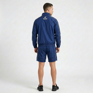 Wholesale Custom Logo <b>Mens</b> Navy Blue 2 Piece Tracksuit Set Lightweight Nylon Windbreaker <b>Jacket</b> And Shorts Piping Design - Product Image 4
