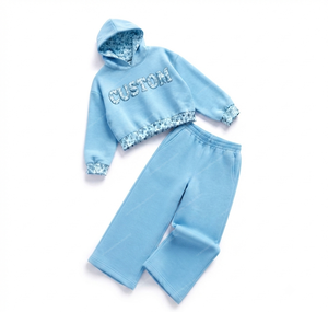 ชุดเซ็ตเสื้อฮู้ดดี้สีน้ำเงินแบบดีไซน์พิเศษและกางเกงขายาวทรงกระบอก |   ชุดวอร์มมีฮู้ดแบบครอปสำหรับผู้หญิง - Product Image 3