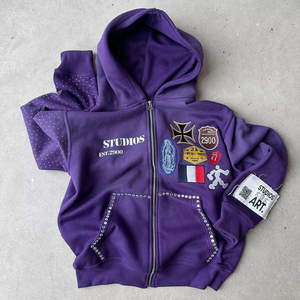 Wholesale Men's Rhinestone Zip Hoodie Custom Color & Logo Breathable Oversized Streetwear Rhinestone Sweatshirt - Product Image 5