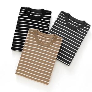 T-shirt en tricot rayé à col rond à manches courtes pour homme Coupe classique Style décontracté Motif noir et blanc 100% coton Respirant 320g - Product Image 6