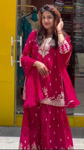 Women's Red Embroidered Traditional Indian Pakistani <b>Dress</b> With <b>Silver</b> Work Loose Fit Floor-Length Wedding Wear - Product Image 3