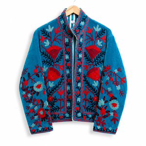 Wholesale Suzani <b>Velvet</b> Embroidered <b>Jacket</b> <b>Women</b> Stand Collar Open Front Floral Boho Coat Handmade Embroidery Cotton Lining - Product Image 1