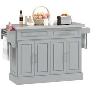 Carrello da Cucina Grigio in Bambù, MDF e Pino con Piano in Acciaio Inox, Cassetti, Ripiani e Armadietti su Ruote - Product Image 1