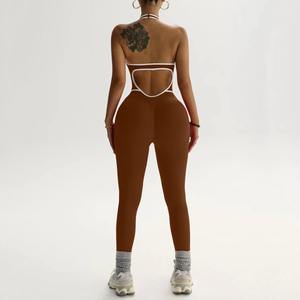 Women Red Solid Color Seamless <b>Bodysuit</b> Halter Deep <b>V</b> <b>Neck</b> Full Length Four-Way Stretch Gym Wear Set - Product Image 4