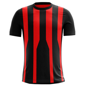 Maillot de football rayé rouge et noir pour homme, manches courtes, col rond, tissu polyester respirant, vêtements de sport pour adulte, coupe classique - Product Image 1