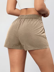 High Waist Drawstring Cargo Shorts Solid Color Elastic Waistband Casual Women's Breathable Polyester Shorts - Product Image 3