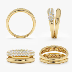 Bague de luxe à double bande en or 14 carats avec diamants de laboratoire pavés, entrelacée avec une bague massive à deux bandes en or massif - Product Image 6