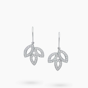 Luxury Round Brilliant Lab Diamond Pave Leaf Motif Shepherd French <b>Hook</b> Drop <b>Earring</b> in White Gold Prong Setting by RAAMAA - Product Image 2