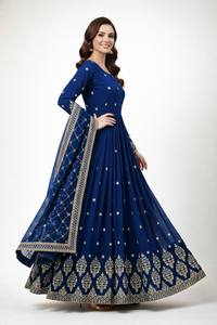 Costume Anarkali traditionnel pour femmes, bleu marine, broderie dorée, dupatta, coupe ample, style indien pakistanais, longueur au sol - Product Image 5