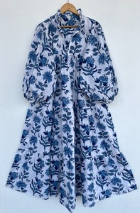 White Blue Floral Loose Fit Pure Cotton Summer Maxi Dress Flared Hem Everyday Casual Wear <b>Comfy</b> Picnic Holiday Outfit - Product Image 1