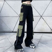 Pantalon cargo en toile taille haute pour femme, grande taille, coupe ample, longueur intégrale, style utilitaire, noir et vert, avec poches, taille élastique, pour l'automne