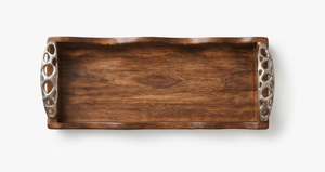 Plateau de service rectangulaire en bois de manguier teinté noyer, plateau décoratif en bois avec poignées texturées argentées - Product Image 4