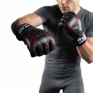 Gants de MMA WIZE INTERNATIONAL, demi-doigts, en cuir PU, fermeture Velcro, design flamme noire et rouge, pour adultes, arts martiaux, MMA - Product Image 3