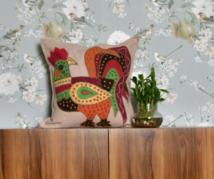 Housse de coussin décorative carrée en coton brodé patchwork bohème avec motif coq, faite à la main, pour hôtel et maison - Product Image 1