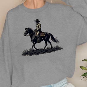 Sudaderas con Estampado de Vaquera Montando a Caballo para Mujer, Tejido de Punto Informal, 100% Poliéster, Cuello Redondo - Product Image 4