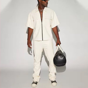 2026 Best Spring British Slim Casual PU Leather Men's <b>Shirts</b> Short Sleeved Woven Embroidered <b>Patchwork</b> Stand Collar Breathable - Product Image 4