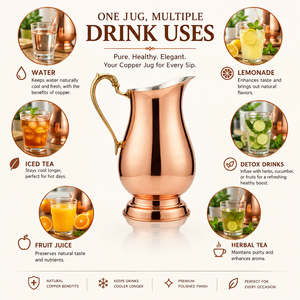 Carafe à eau artisanale en cuivre pur et lisse avec poignée en laiton ornée – Élégante carafe ayurvédique pour la table, vaisselle et articles de boisson - Product Image 4