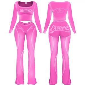 TAHAD Ensemble deux pièces pour femme, Nouvelle collection Printemps 2026, Haut sexy ajusté avec bordure en dentelle et pantalon micro-évasé, Vêtements pour femme - Product Image 3