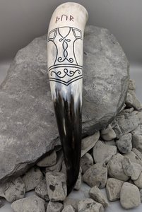 Handmade Ox Horn Polished Carved with Viking Runes and Ornate Design Natural Shape Customizable Drinking Antique <b>Art</b> Collectible - Product Image 1